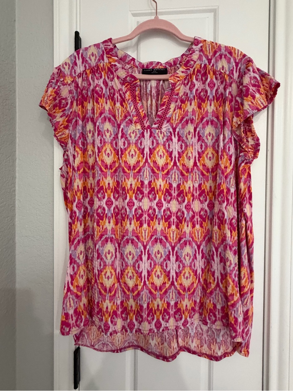 Lane Bryant Pink and Yellow Printed Flutter Sleeve Blouse